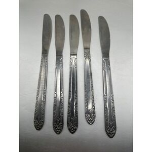 Vintage Stainless Steel Floral Scroll Serrated Dinner Knives Set of 5 China